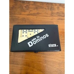 VTG Excite Double Six Dominoes Set 28 Ivory Tiles Black Vinyl Snap Case No. 655